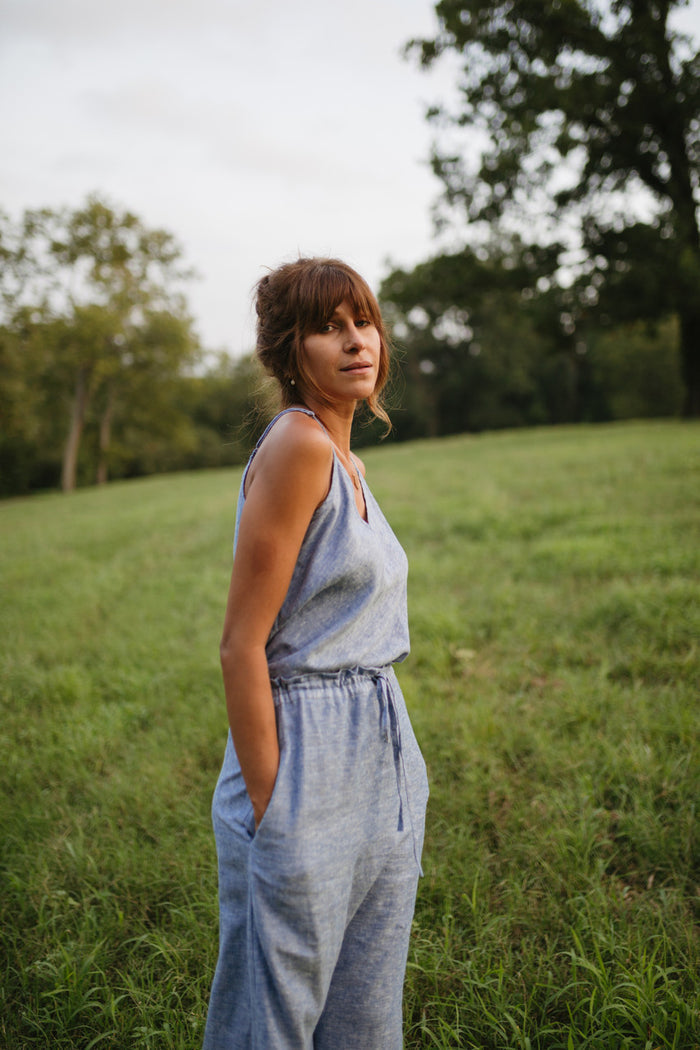 Linen Skirt Set in Light Blue Linen - Tank and XS and XXL Skirt Left