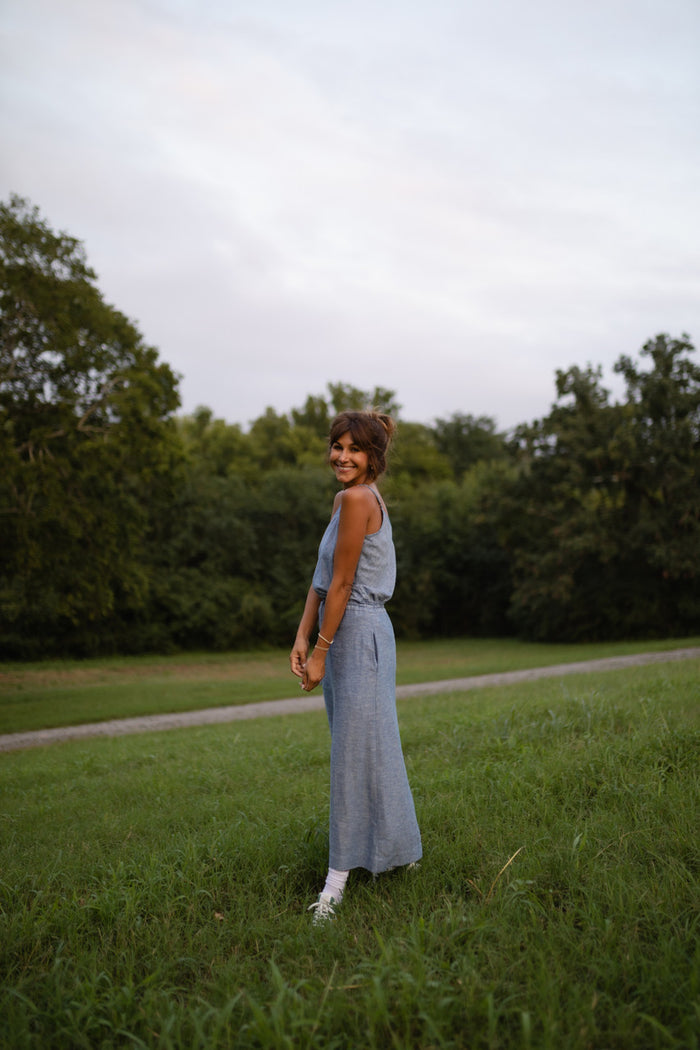 Linen Skirt Set in Light Blue Linen - Tank and XS and XXL Skirt Left