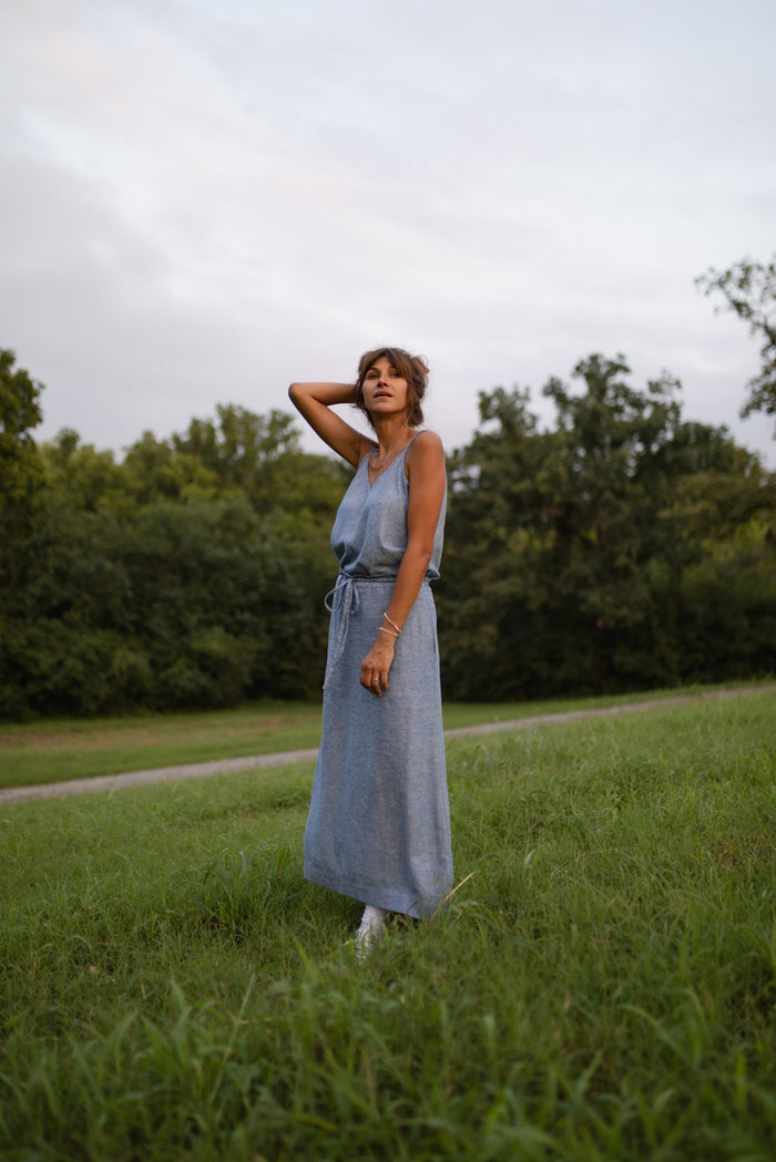 Linen Skirt Set in Light Blue Linen - Tank and XS and XXL Skirt Left