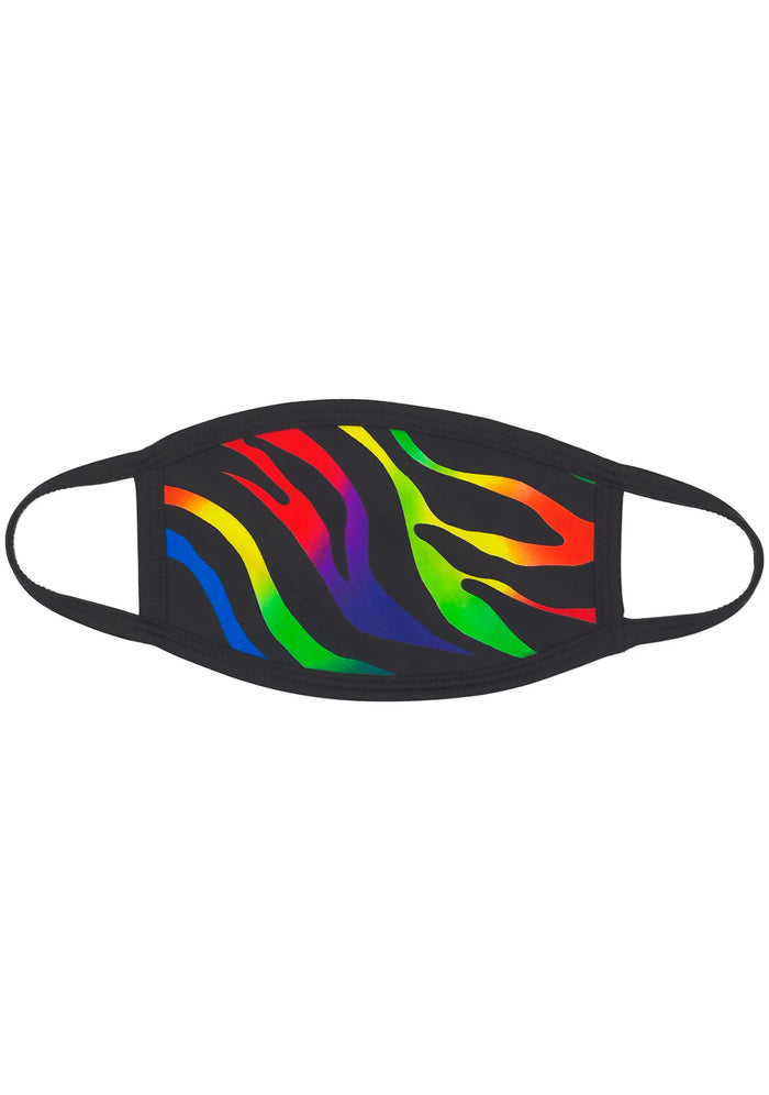 BGlittz Lisa Frank Dust Mask in multi with rainbow zebra Lisa Frank print on breathable nylon rave festival face mask — front view