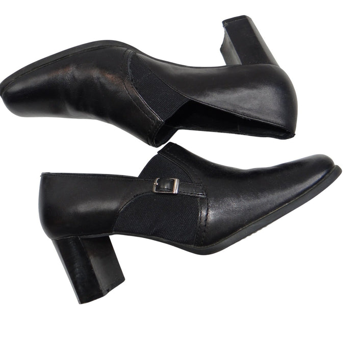 Liz Baker Black Leather Ankle Booties Block Heel Buckle Slip On Women 7.5 M B0