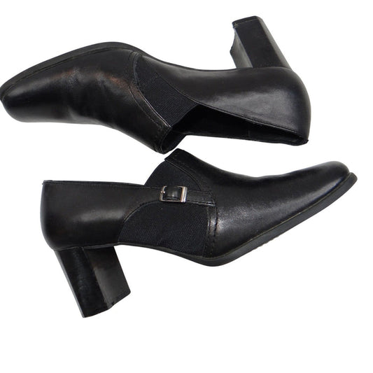 Liz Baker Black Leather Ankle Booties Block Heel Buckle Slip On Women 7.5 M B0
