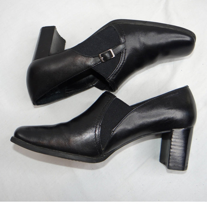 Liz Baker Black Leather Ankle Booties Block Heel Buckle Slip On Women 7.5 M B1