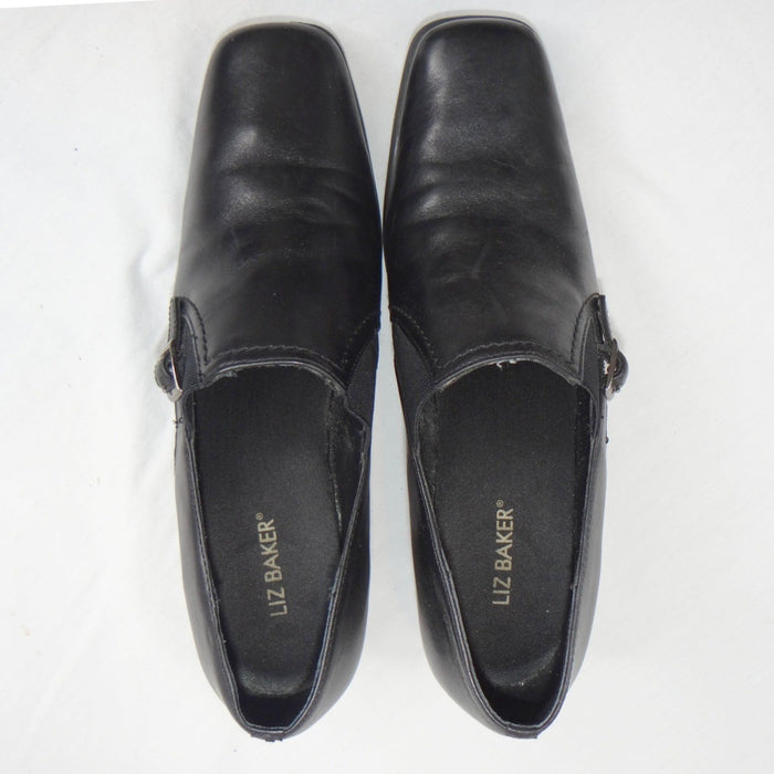 Liz Baker Black Leather Ankle Booties Block Heel Buckle Slip On Women 7.5 M B2