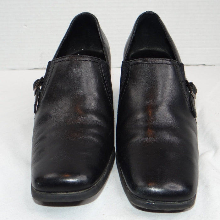 Liz Baker Black Leather Ankle Booties Block Heel Buckle Slip On Women 7.5 M B3