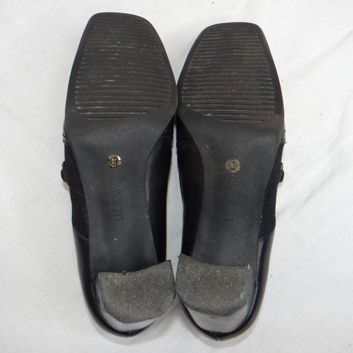 Liz Baker Black Leather Ankle Booties Block Heel Buckle Slip On Women 7.5 M B5