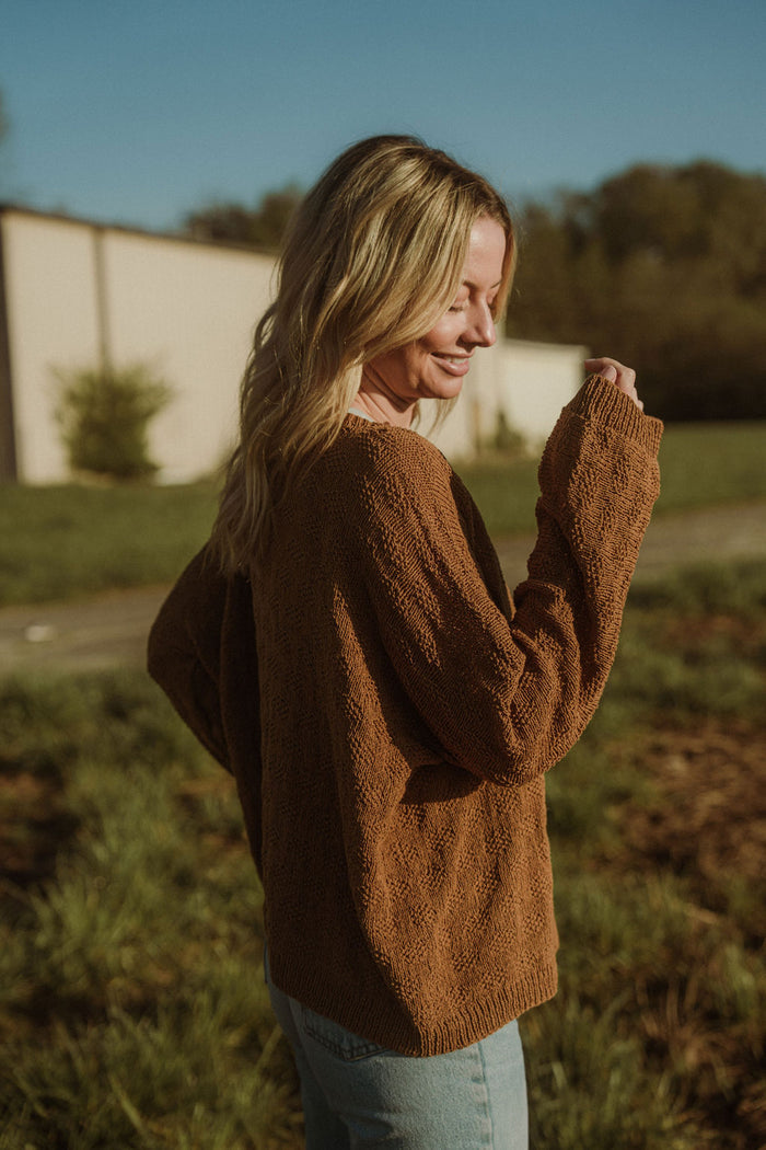 Liza Textured Knit Cotton Cardigan in Caramel