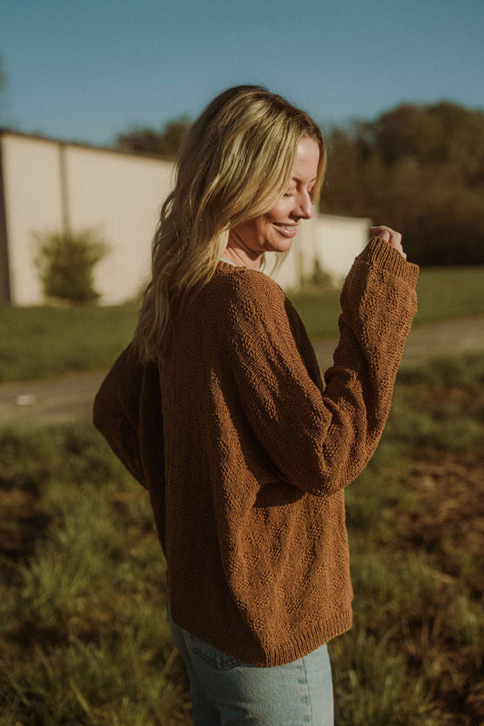 Liza Textured Knit Cotton Cardigan in Caramel