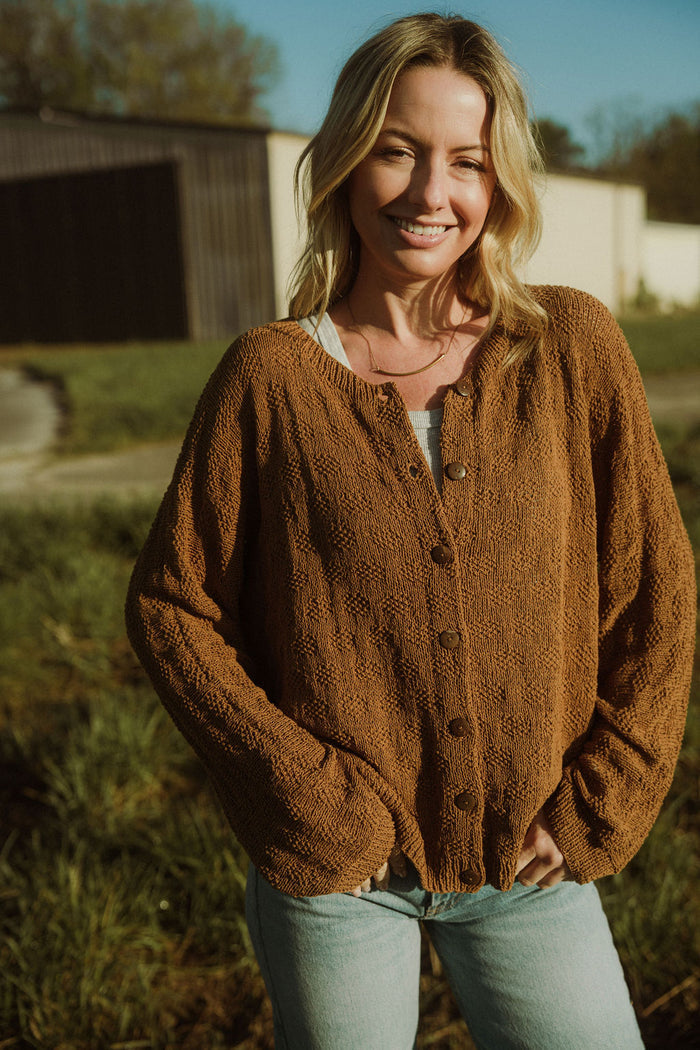 Liza Textured Knit Cotton Cardigan in Caramel