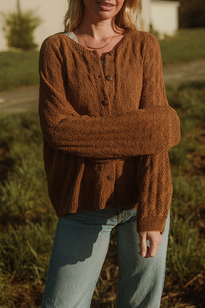 Liza Textured Knit Cotton Cardigan in Caramel