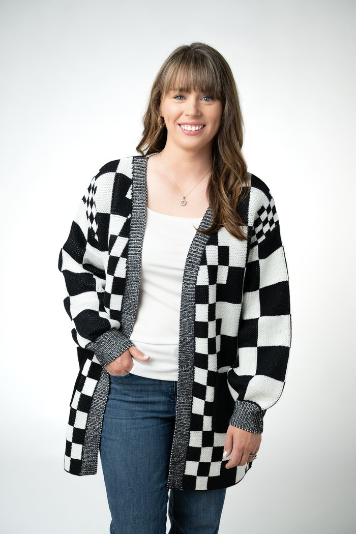 Long Checkered Pocket Cardigan - Black and White