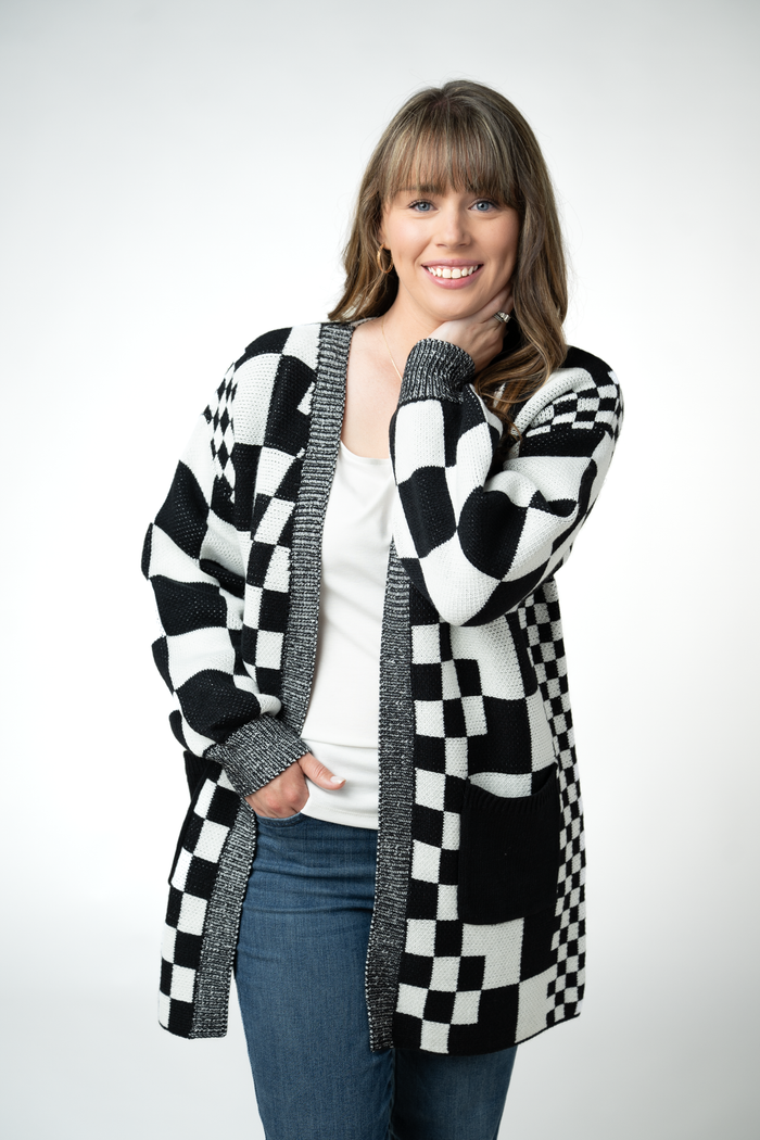 Long Checkered Pocket Cardigan - Black and White
