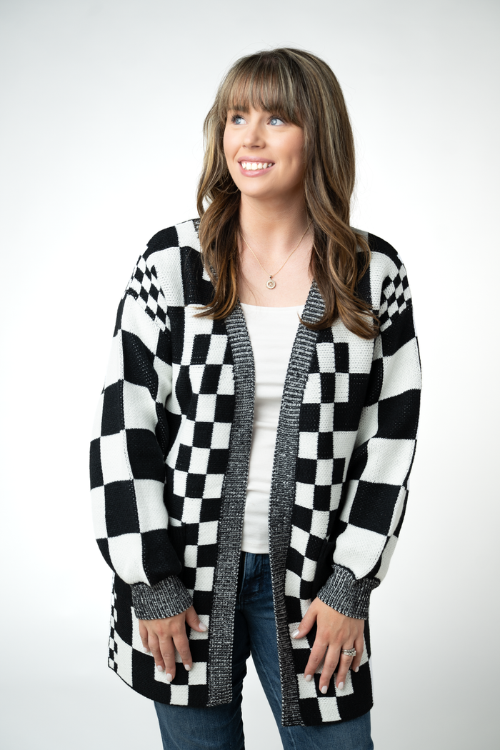 Long Checkered Pocket Cardigan - Black and White