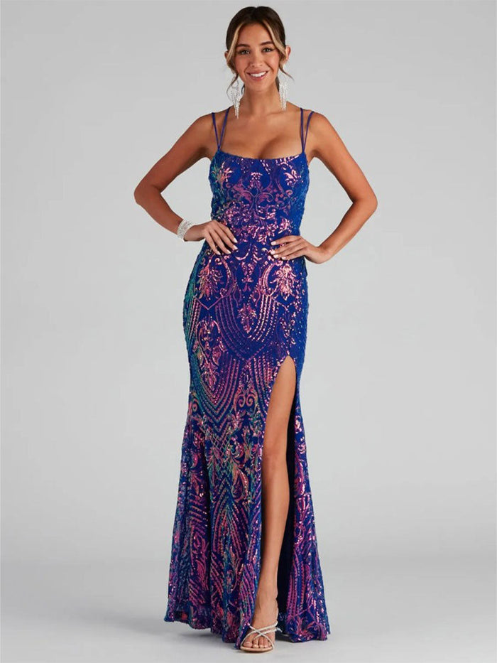 Long High-Slit Sequin Spaghetti Strap Evening Gown