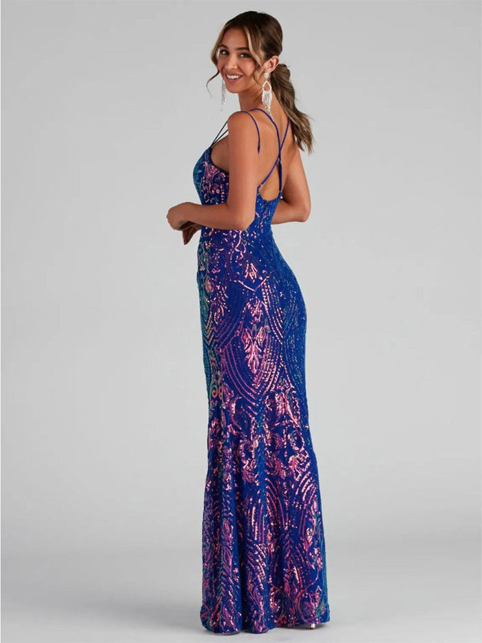 Long High-Slit Sequin Spaghetti Strap Evening Gown