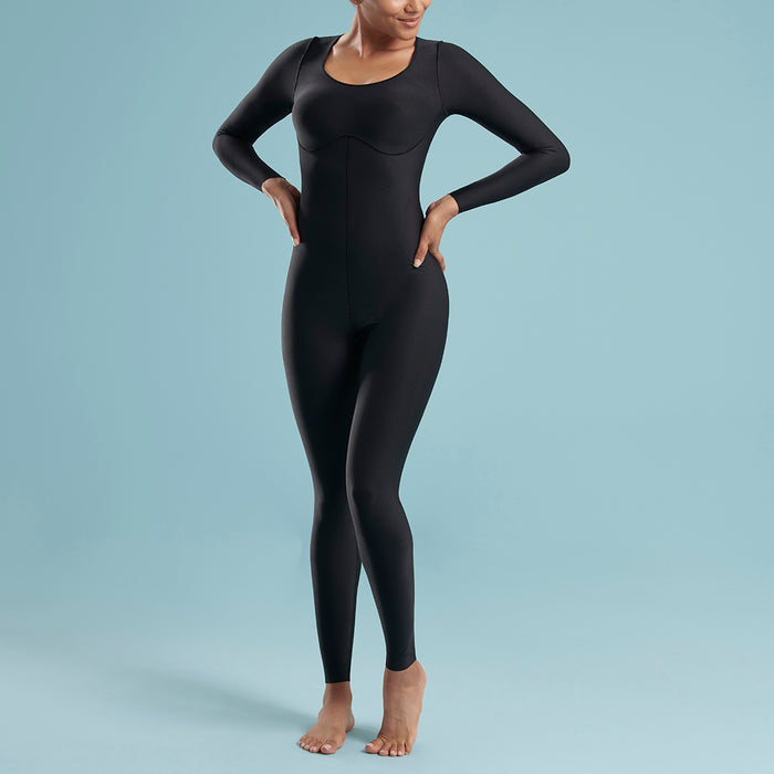Marena Shape style VA-01 VerAmor Long-sleeve compression regular inseam bodysuit front pose view, in black