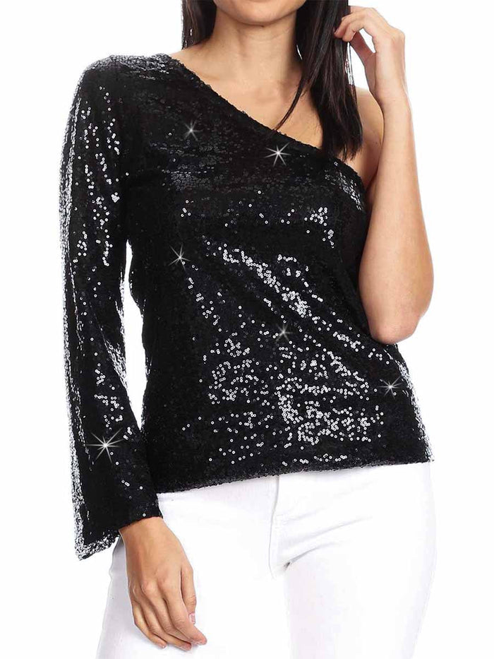 Long Sleeve One Shoulder Women's Black Glitter Shirt