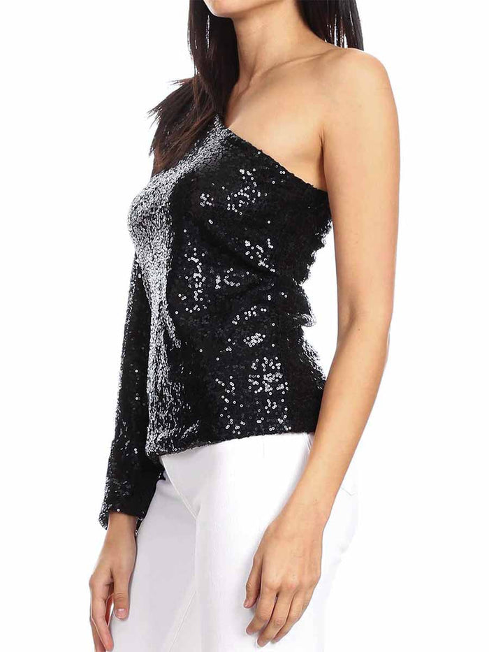 Long Sleeve One Shoulder Women's Black Glitter Shirt