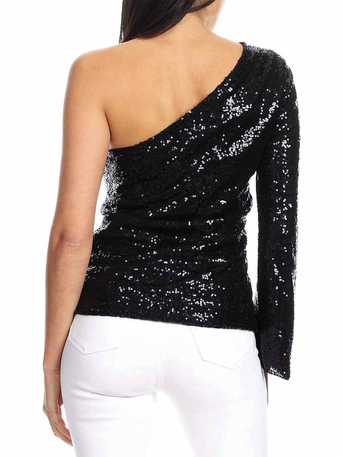 Long Sleeve One Shoulder Women's Black Glitter Shirt