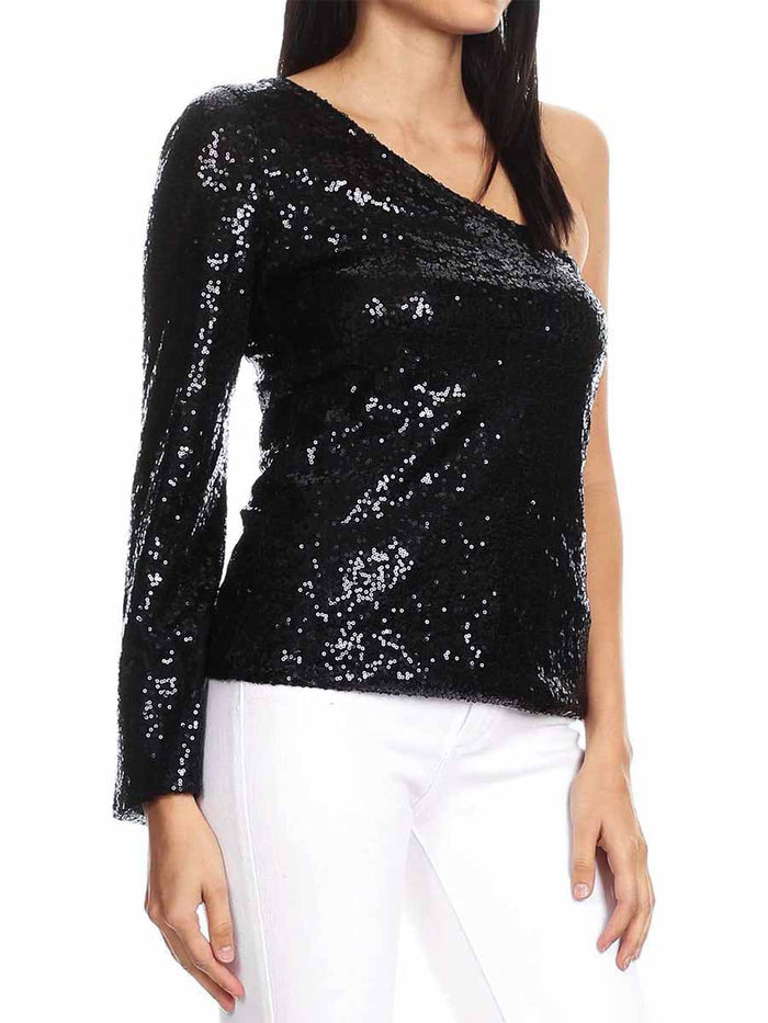 Long Sleeve One Shoulder Women's Black Glitter Shirt