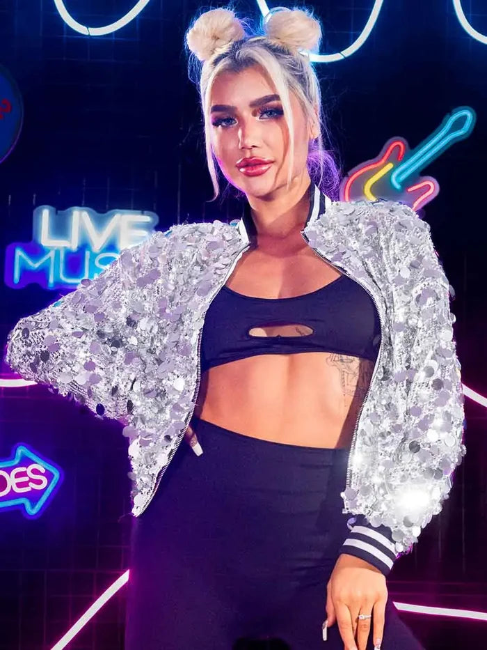 Long Sleeve Silver Sequin Jacket Top