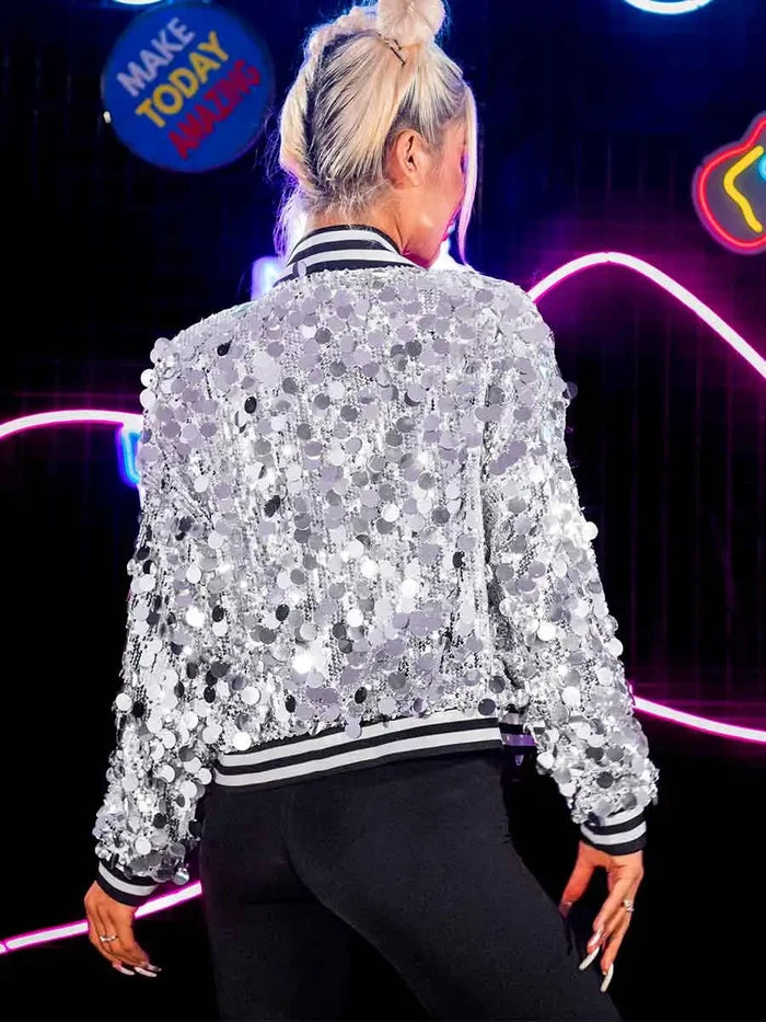 Long Sleeve Silver Sequin Jacket Top