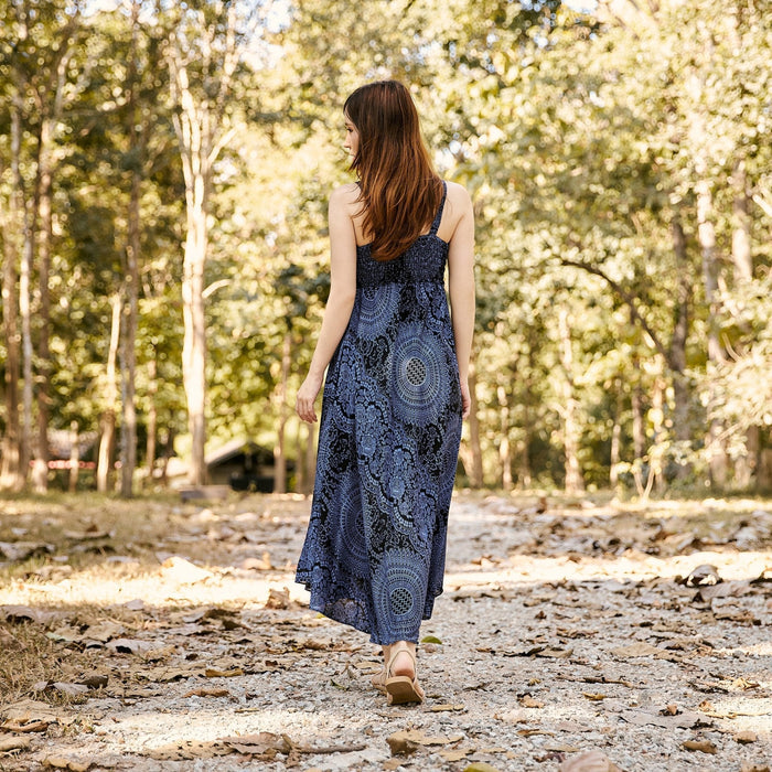 Long Summer Dress with Crochet Top - Dark Blue - Lannaclothesdesign Shop