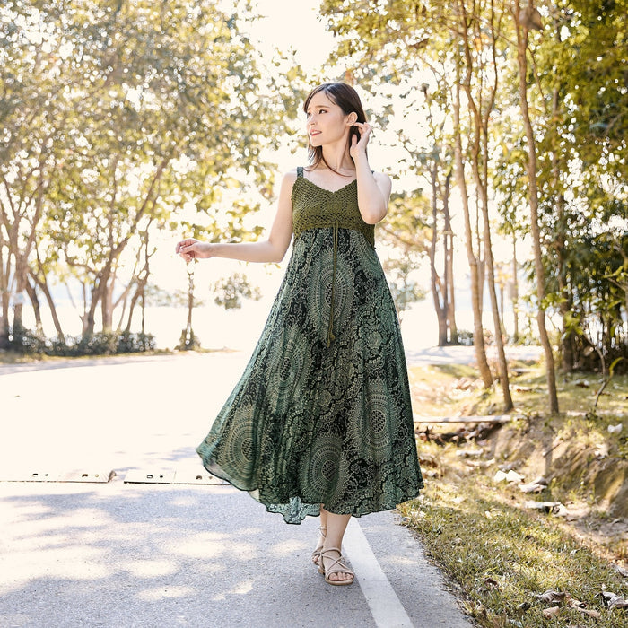Long Summer Dress with Crochet Top - Green - Lannaclothesdesign Shop