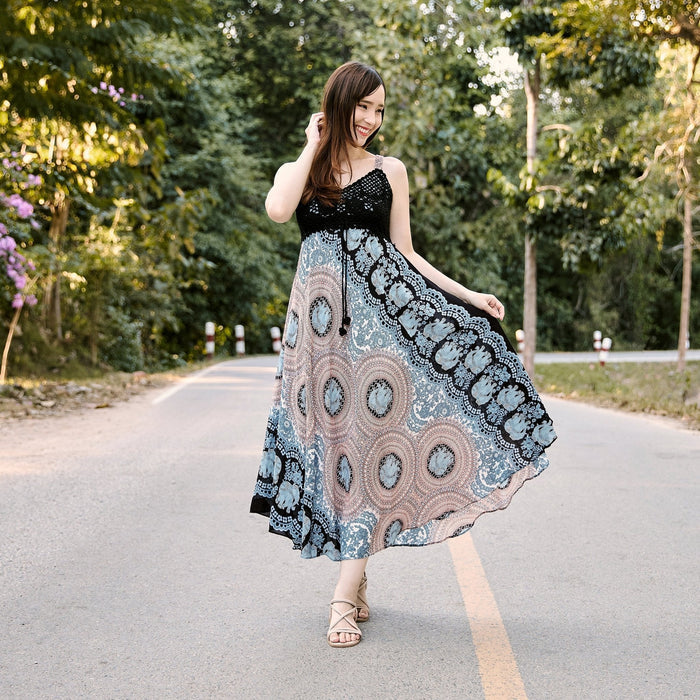 Long Summer Elephant Rose Dress with Crochet Top - Black White - Lannaclothesdesign Shop