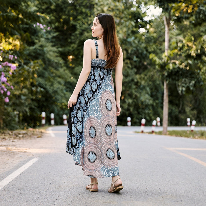 Long Summer Elephant Rose Dress with Crochet Top - Black White - Lannaclothesdesign Shop