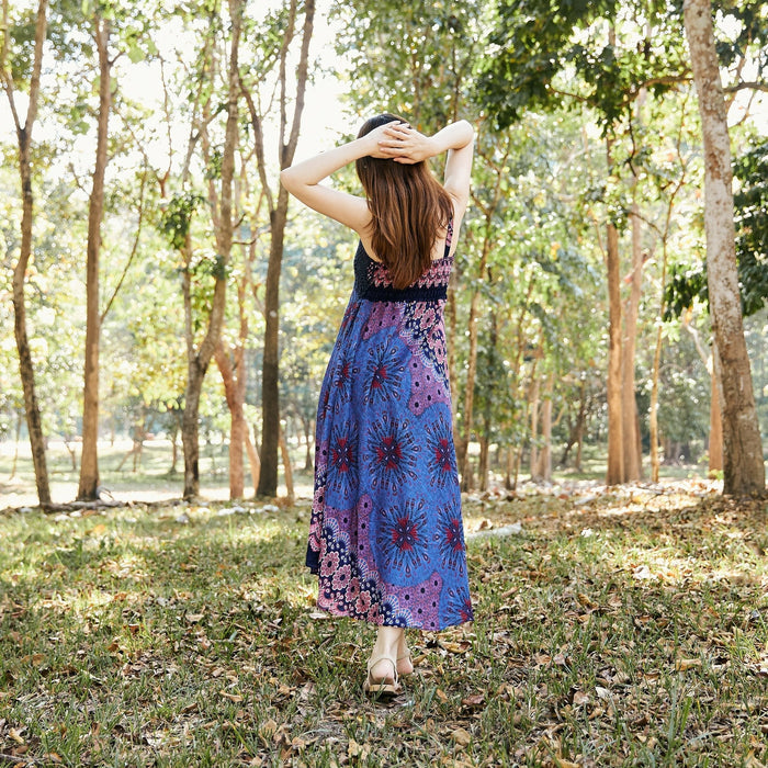 Long Summer Flower Mandala Dress with Crochet Top - Dark Blue - Lannaclothesdesign Shop
