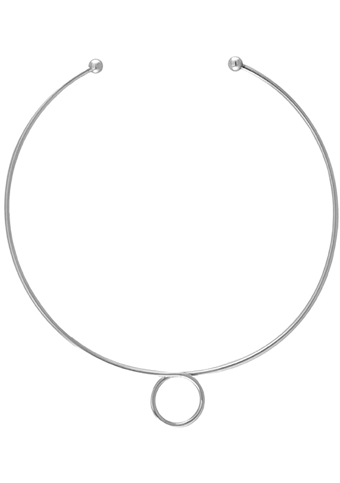 Wanderlust + Co Loop Choker in silver with twist detail on silver plated minimalist festival choker necklace — front view