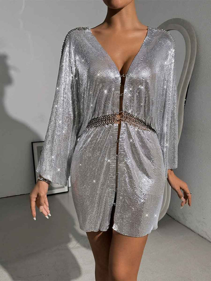 Loose Metallic Sequin V-Neck Dress