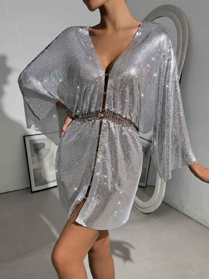 Loose Metallic Sequin V-Neck Dress