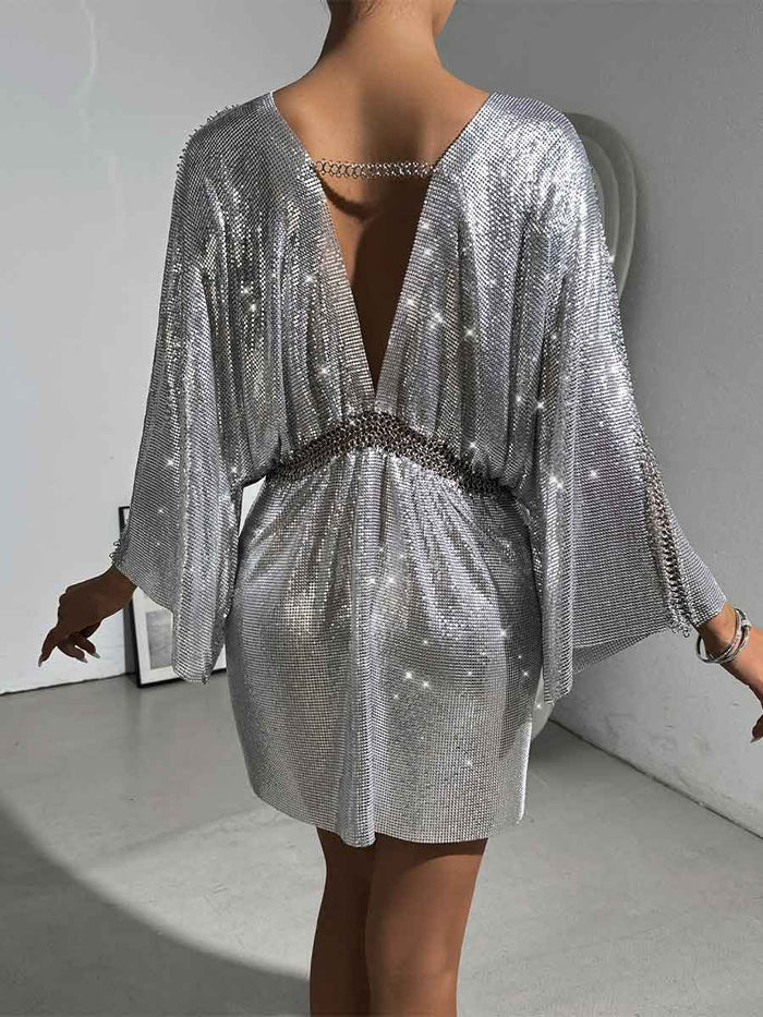 Loose Metallic Sequin V-Neck Dress