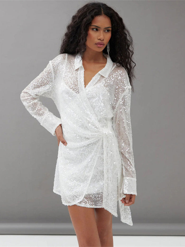 Loose Sequin Mesh Lapel Tie-Waist Mini Dress