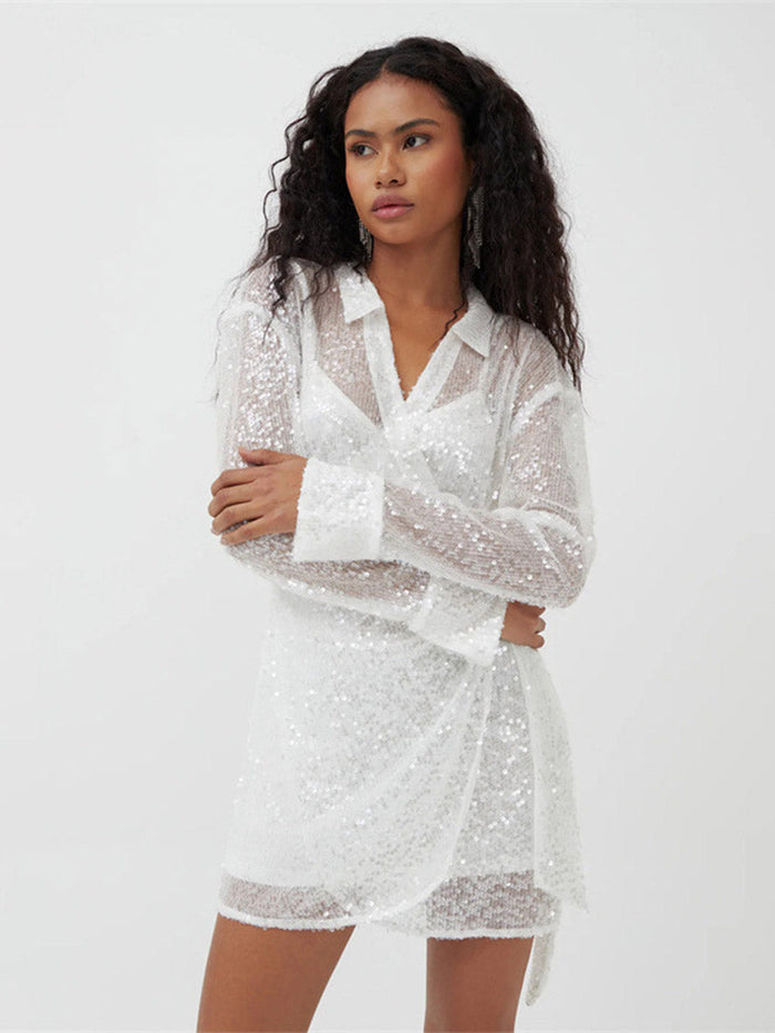 Loose Sequin Mesh Lapel Tie-Waist Mini Dress