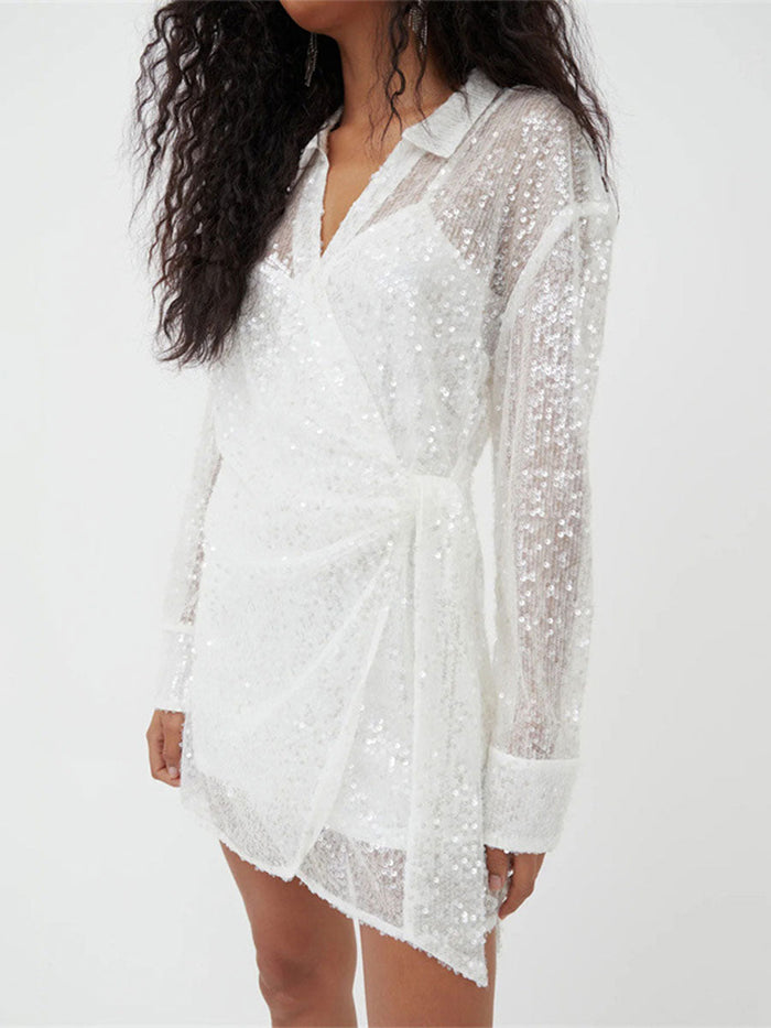 Loose Sequin Mesh Lapel Tie-Waist Mini Dress