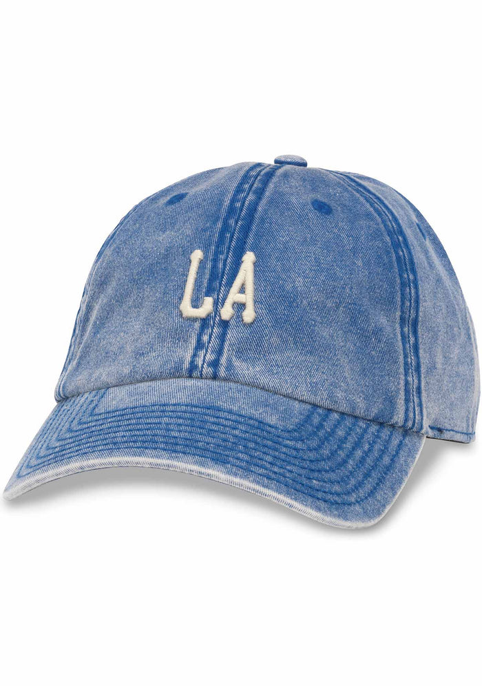 American Needle Los Angeles Elston Baseball Hat in faded denim with embroidered Los Angeles logo on vintage washed cotton twill festival hat — front view