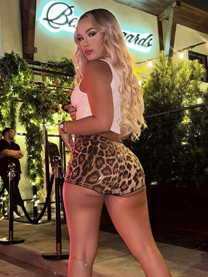 Low-Waisted Sexy Sequin Leopard Print Shorts