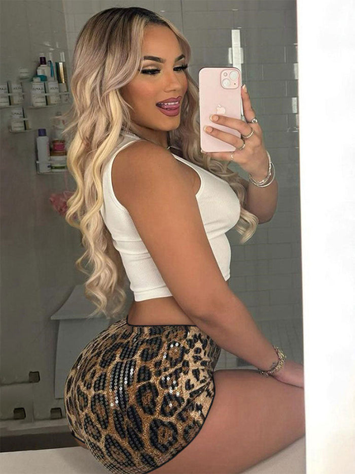 Low-Waisted Sexy Sequin Leopard Print Shorts