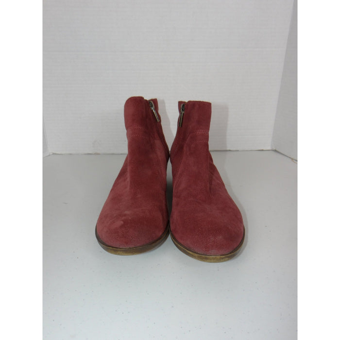 Lucky Brand Basel Merlot Red Suede Ankle Boots Dual Zip Block Heel 8M 384