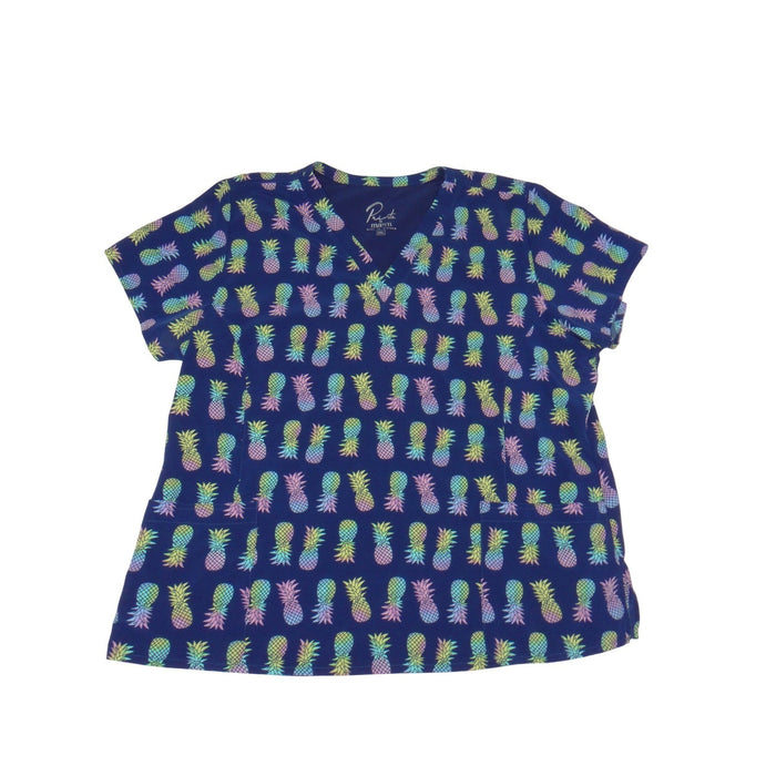 Maevn Prints Womens 2XL Navy Blue Pineapple Print Scrub V Neck Scrub Top 33860