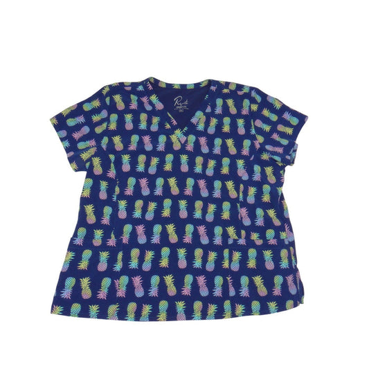 Maevn Prints Womens 2XL Navy Blue Pineapple Print Scrub V Neck Scrub Top 33860