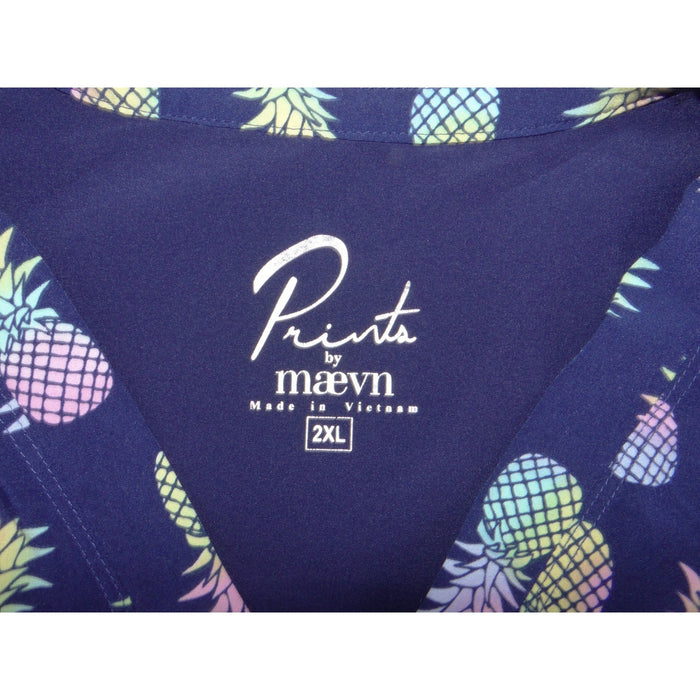 Maevn Prints Womens 2XL Navy Blue Pineapple Print Scrub V Neck Scrub Top 33862