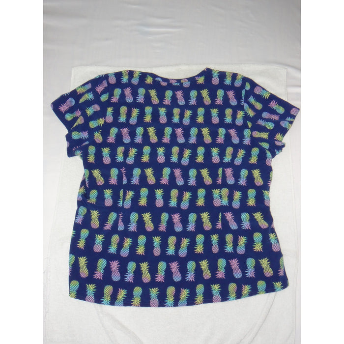 Maevn Prints Womens 2XL Navy Blue Pineapple Print V Neck Scrub Top 33861