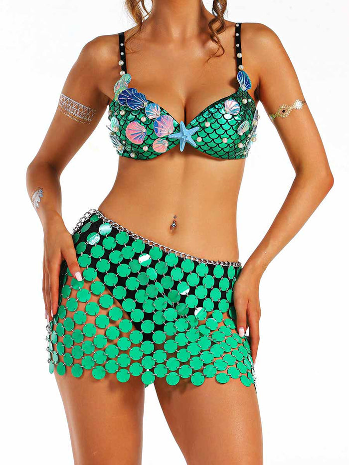 Marine Style Green Short Shiny Two-Piece Set
