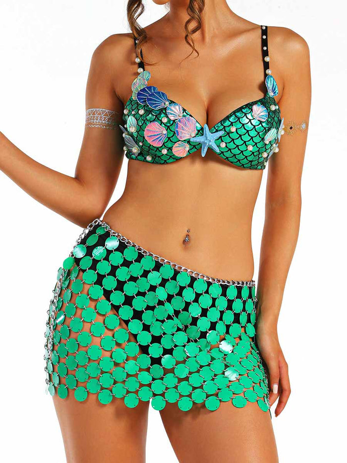 Marine Style Green Short Shiny Two-Piece Set