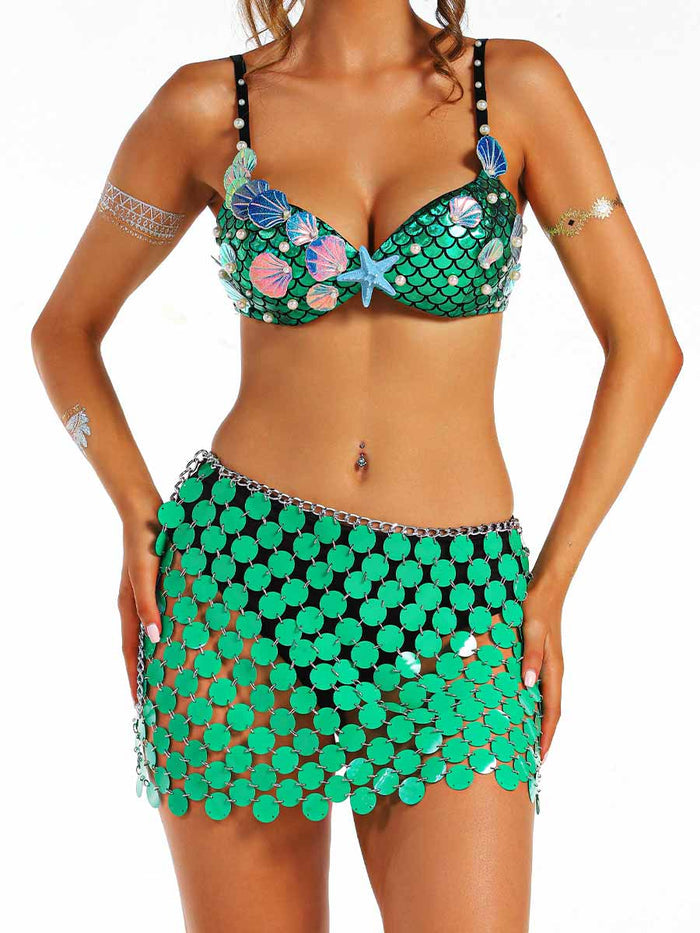 Marine Style Green Short Shiny Two-Piece Set