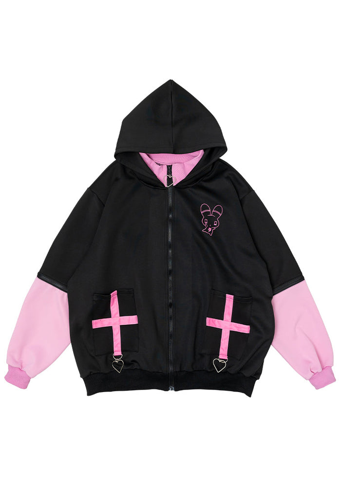 ACDC Rag Menhera-Chan Usatan Black Pink Oversized Zip Jacket with embroidered Usatan bunny graphic and cross strap pockets — front view